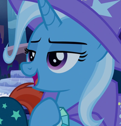 Size: 1038x1080 | Tagged: safe, screencap, sunburst, trixie, pony, unicorn, g4, student counsel, to where and back again, cape, cloak, clothes, cropped, female, female focus, hat, horn, lidded eyes, male, mare, open mouth, open smile, smiling, solo focus, stallion, sunburst's cloak, tail, trixie's cape, trixie's hat