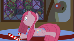 Size: 1920x1080 | Tagged: safe, artist:onputrevor, pinkie pie, earth pony, pony, g4, balloonbutt, butt, candy, candy cane, double rainboom puppet, female, food, mare, pinkamena diane pie, plot, show accurate, solo, sugarcube corner