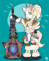 Size: 800x1000 | Tagged: safe, artist:omnipomm, artist:taletrotter, oc, oc only, oc:panacea, unicorn, semi-anthro, arm hooves, barbarian, bipedal, braid, clothes, colored, commission, crossdressing, ear piercing, earring, femboy, flat colors, horn, hunting horn, jewelry, kirin armor, male, monster hunter, monster hunter world, monster hunter world iceborne, piercing, ponytail, solo, standing pony, standing upright, trap, tribal, weapon
