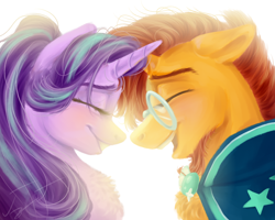 Size: 2000x1600 | Tagged: safe, artist:гусь, starlight glimmer, sunburst, pony, unicorn, g4, beard, chest fluff, cute, duo, eyes closed, facial hair, female, glasses, glimmerbetes, happy, male, mare, ship:starburst, shipping, simple background, stallion, straight, sunbetes