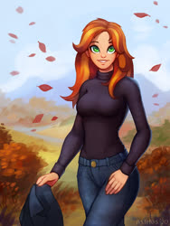 Size: 900x1200 | Tagged: safe, artist:asimos, sunset shimmer, human, g4, autumn, clothes, cute, female, humanized, jeans, leaf, leaves, pants, shimmerbetes, smiling, solo, sweater, turtleneck