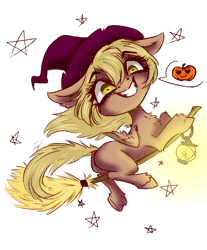 Size: 1900x2300 | Tagged: safe, artist:гусь, oc, oc only, oc:una, earth pony, pegasus, pony, broom, flying, flying broomstick, halloween, happy, hat, holiday, lantern, pumpkin, smiling, smiling at you, solo, stars, witch, witch hat