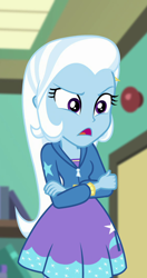 Size: 572x1080 | Tagged: safe, screencap, trixie, equestria girls, equestria girls specials, g4, my little pony equestria girls: better together, my little pony equestria girls: forgotten friendship, annoyed, classroom, clothes, cropped, crossed arms, female, open mouth, skirt, solo, sweater, talking