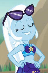 Size: 712x1080 | Tagged: safe, screencap, trixie, equestria girls, equestria girls specials, g4, my little pony equestria girls: better together, my little pony equestria girls: forgotten friendship, belly button, clothes, cropped, eyes closed, female, hand on hip, sarong, solo, sunglasses, swimsuit