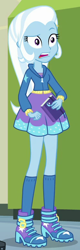 Size: 248x774 | Tagged: safe, screencap, trixie, equestria girls, equestria girls series, forgotten friendship, g4, book, boots, clothes, cropped, female, high heel boots, shoes, skirt, solo