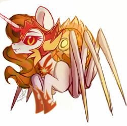 Size: 1032x1024 | Tagged: safe, artist:ebonytails, edit, daybreaker, monster pony, original species, spiderpony, g4, female, looking at you, simple background, solo, species swap