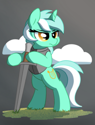 Size: 1075x1415 | Tagged: safe, artist:masserey, lyra heartstrings, pony, unicorn, g4, armor, bipedal, clothes, cloud, female, gray background, leaning on something, mare, serious, serious face, simple background, solo, sword, weapon