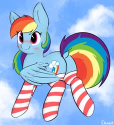 Size: 1686x1849 | Tagged: safe, artist:itsmeelement, rainbow dash, pegasus, pony, g4, backwards cutie mark, blushing, clothes, cloud, cute, dashabetes, dock, female, mare, sky, socks, solo, striped socks
