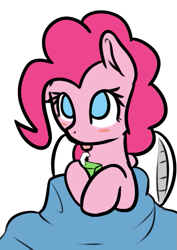 Size: 615x870 | Tagged: safe, artist:neuro, pinkie pie, earth pony, pony, g4, :p, blanket, blushing, cute, diapinkes, female, juice, juice box, mare, no pupils, pillow, simple background, solo, tongue out, transparent background