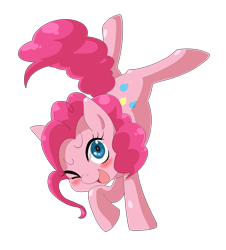 Size: 2852x3154 | Tagged: safe, artist:ino, pinkie pie, pony, g4, blushing, cute, diapinkes, female, handstand, high res, on front legs, one eye closed, open mouth, pixiv, simple background, solo, transparent background, upside down, wink