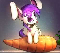 Size: 1933x1691 | Tagged: safe, editor:xbi, oc, oc only, oc:lapush buns, bunnycorn, pony, carrot, food, looking at you, male, simple background, solo, stallion, tongue out