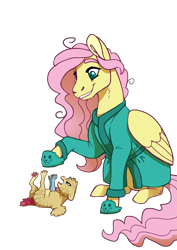 Size: 2480x3508 | Tagged: safe, artist:jackiebloom, fluttershy, oc, oc:felix genimen, hippogriff, hybrid, pegasus, pony, g4, bathrobe, behaving like a cat, clothes, female, high res, interspecies offspring, lesbian, magical lesbian spawn, male, mother and child, mother and son, offspring, parent:fluttershy, parent:gilda, parents:gildashy, robe, simple background, slippers, transparent background