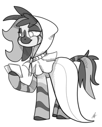 Size: 2000x2500 | Tagged: safe, artist:katyusha, oc, oc only, oc:doctor althea, pony, zebra, fanfic:shadow of equestria, cloak, clothes, commission, commission example, cute, grayscale, high res, lineart, monochrome, photo, solo