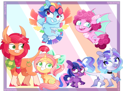 Size: 3150x2346 | Tagged: safe, artist:amberpone, applejack, fluttershy, pinkie pie, rainbow dash, rarity, twilight sparkle, bat pony, earth pony, hybrid, mule, pegasus, pony, unicorn, g4, abstract background, alternate design, applejack (g5 concept leak), blaze (coat marking), chest fluff, coat markings, colored hooves, colored wings, colorful, curved horn, cute, digital art, eye clipping through hair, facial markings, fluttershy (g5 concept leak), flying, g5 concept leak style, g5 concept leaks, group, high res, hilarious in hindsight, horn, leonine tail, looking at you, mane six, mane six (g5 concept leak), multicolored hair, multicolored wings, paint tool sai, pale belly, pinkie pie (g5 concept leak), rainbow dash (g5 concept leak), rainbow wings, rarity (g5 concept leak), redesign, simple background, snip (coat marking), socks (coat markings), spoiler, tail, transparent background, twilight sparkle (g5 concept leak), unshorn fetlocks, walking, wings