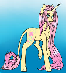 Size: 1088x1203 | Tagged: safe, artist:wildnature03, fluttershy, pony, unicorn, g4, female, fluttershy (g5 concept leak), g5 concept leak style, g5 concept leaks, leonine tail, long mane, mare, redesign, unicorn fluttershy