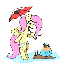 Size: 1280x1280 | Tagged: safe, artist:hotkoin, fluttershy, pegasus, pony, snail, g4, bipedal, cute, female, flower, grass, hoof hold, looking at something, mare, open mouth, profile, shyabetes, simple background, solo, umbrella, white background