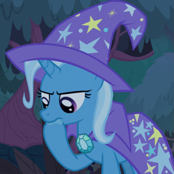 Size: 721x720 | Tagged: safe, screencap, trixie, pony, unicorn, g4, student counsel, cape, clothes, cropped, female, hat, hoof in mouth, mare, stars, tree