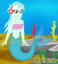 Size: 1710x1908 | Tagged: safe, artist:cyber-murph, lyra heartstrings, mermaid, equestria girls, g4, bandeau, belly, belly button, coral, cute, hairband, looking at you, lyrabetes, mermaidized, midriff, rock, scales, seaweed, signature, smiling, smiling at you, species swap, tube top, underwater