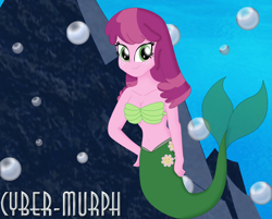Size: 2448x1968 | Tagged: safe, artist:cyber-murph, cheerilee, mermaid, equestria girls, g4, belly, belly button, boob freckles, breasts, bubble, chest freckles, freckles, hand on hip, mermaidized, midriff, rock, seashell bra, signature, species swap, underwater