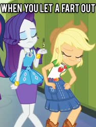Size: 2048x2710 | Tagged: safe, edit, edited screencap, screencap, applejack, rarity, equestria girls, g4, my little pony equestria girls: better together, cropped, duo focus, eyes closed, eyeshadow, fart joke, high res, implied farting, makeup, photo, toilet humor