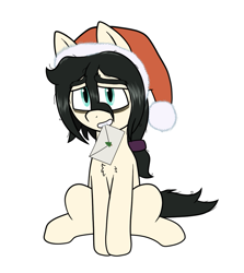 Size: 911x1021 | Tagged: safe, artist:scraggleman, oc, oc only, oc:floor bored, earth pony, pony, christmas, envelope, hat, holiday, mouth hold, ponytail, santa hat, simple background, sitting, smiling, solo