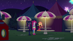 Size: 1920x1080 | Tagged: safe, screencap, pinkie pie, sci-twi, sunset shimmer, twilight sparkle, equestria girls, equestria girls series, g4, sunset's backstage pass!, spoiler:eqg series (season 2), female, music festival outfit, shoes, sneakers