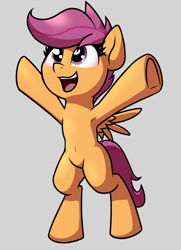 Size: 1022x1415 | Tagged: safe, artist:wenni, scootaloo, pegasus, g4, armpits, belly button, blank flank, cute, cutealoo, female, filly, happy, mare, open mouth, smiling, solo, spread wings, underhoof, wings