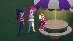 Size: 1920x1080 | Tagged: safe, screencap, pinkie pie, sci-twi, sunset shimmer, twilight sparkle, equestria girls, equestria girls series, g4, sunset's backstage pass!, spoiler:eqg series (season 2), female, music festival outfit, shoes, sneakers
