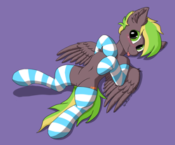 Size: 2900x2400 | Tagged: safe, alternate version, artist:blackice, oc, oc only, oc:lightflare, pegasus, pony, belly button, blushing, chest fluff, clothes, cute, ear fluff, high res, looking at you, lying down, male, on back, pegasus oc, simple background, socks, solo, stallion, striped socks, tongue out, wings