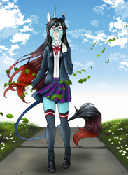 Size: 1174x1603 | Tagged: safe, artist:blackblood-queen, oc, oc only, oc:annie belle, dracony, hybrid, unicorn, anthro, unguligrade anthro, anthro oc, clothes, digital art, fangs, female, glasses, hoof shoes, kneesocks, leonine tail, mare, plaid skirt, skirt, socks, solo, zettai ryouiki