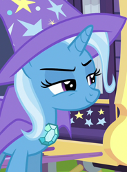Size: 530x720 | Tagged: safe, screencap, trixie, pony, g4, to where and back again, cape, clothes, cropped, female, hat, solo, trixie's brooch, trixie's cape, trixie's hat, trixie's wagon
