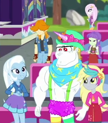Size: 288x327 | Tagged: safe, screencap, bulk biceps, derpy hooves, fleur-de-lis, starlight, trixie, valhallen, equestria girls, equestria girls specials, g4, my little pony equestria girls: better together, my little pony equestria girls: sunset's backstage pass, clothes, cropped, cute, derpabetes, hoodie, male, male nipples, music festival outfit, nipples, nudity, skirt, suspenders