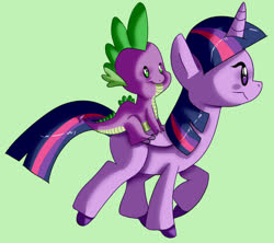 Size: 952x847 | Tagged: safe, artist:dorkaly-doodles, spike, twilight sparkle, alicorn, dragon, pony, g4, colored hooves, dragons riding ponies, duo, green background, profile, riding, simple background, spike riding twilight, twilight sparkle (alicorn)