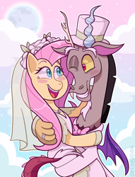 Size: 1300x1700 | Tagged: safe, artist:captainobsidian, discord, fluttershy, draconequus, g4, clothes, cute, dress, female, hat, heart eyes, male, marriage, ring, ship:discoshy, shipping, straight, top hat, tuxedo, wedding, wedding dress, wedding ring, wingding eyes