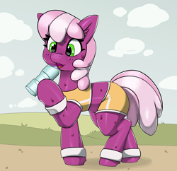 Size: 3436x3331 | Tagged: safe, artist:pabbley, cheerilee, earth pony, pony, g4, cheeribetes, clothes, cute, drink, drinking, ear fluff, female, high res, mare, shorts, solo, sweat, sweatband, water