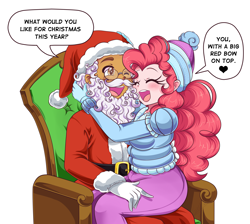 Size: 2900x2600 | Tagged: safe, artist:lucy-tan, pinkie pie, oc, oc:copper plume, human, g4, blushing, canon x oc, chair, christmas, clothes, coat, commission, commissioner:imperfectxiii, copperpie, costume, cute, diapinkes, eyes closed, fake beard, fake moustache, female, freckles, glasses, gloves, hat, high res, holiday, hug, humanized, male, one eye closed, open mouth, plump, santa costume, santa hat, shipping, simple background, sitting on lap, sitting on person, smiling, speech bubble, straight, white background, winter outfit