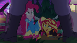 Size: 1920x1080 | Tagged: safe, screencap, max steele, pinkie pie, sunset shimmer, equestria girls, equestria girls series, g4, sunset's backstage pass!, spoiler:eqg series (season 2), music festival outfit, shoes, sneakers