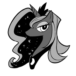Size: 600x600 | Tagged: safe, artist:rariatoo, princess luna, alicorn, pony, g4, bust, female, grayscale, looking at you, monochrome, portrait, profile, simple background, solo, white background
