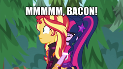 Size: 600x338 | Tagged: safe, edit, edited screencap, screencap, sci-twi, sunset shimmer, twilight sparkle, equestria girls, equestria girls series, g4, sunset's backstage pass!, spoiler:eqg series (season 2), bacon hair, bacon horse, caption, female, geode of telekinesis, image macro, magical geodes, meme, music festival outfit, smelling, text