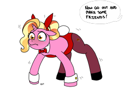 Size: 1999x1499 | Tagged: safe, artist:pony quarantine, luster dawn, pony, unicorn, g4, bunny ears, bunny suit, clothes, cuffs (clothes), female, leotard, make some friends, mare, offscreen character, pantyhose, shaking, simple background, speech bubble, teary eyes, text, transparent background