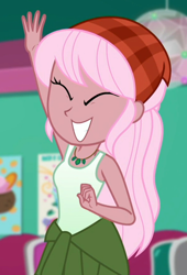 Size: 596x878 | Tagged: safe, screencap, raspberry lilac, human, equestria girls, g4, my little pony equestria girls: choose your own ending, tip toppings, bandana, clothes, cropped, eyes closed, female, frozen yogurt shop, raised arm, smiling, solo focus, tank top