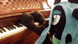 Size: 800x450 | Tagged: safe, artist:agatrix, queen chrysalis, changeling, changeling queen, g4, female, irl, music, musical instrument, photo, piano, playing instrument, plushie, raised hoof, solo