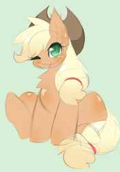 Size: 1080x1547 | Tagged: safe, artist:luna-491, applejack, earth pony, pony, g4, chest fluff, colored pupils, cute, female, green background, jackabetes, mare, one eye closed, simple background, sitting, smiling, solo, wink