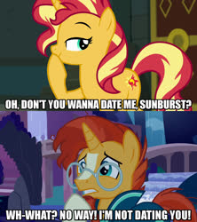 Size: 1280x1440 | Tagged: safe, edit, edited screencap, screencap, sunburst, sunset shimmer, pony, unicorn, equestria girls, equestria girls specials, g4, my little pony equestria girls: better together, my little pony equestria girls: forgotten friendship, student counsel, anti-shipping, brother and sister, caption, female, image macro, implied incest, incest, male, meme, shimmerburst, shipping, shipping denied, siblings, stallion, straight, sunny siblings, text