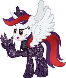 Size: 9000x10692 | Tagged: safe, artist:php178, oc, oc:blackjack, alicorn, cyborg, pony, unicorn, fallout equestria, fallout equestria: project horizons, amputee, cybernetic legs, cyberpunk, eclipse, fanfic art, glowing eyes, iconian armor, iconium, level 5 (iconium) (project horizons), lunar eclipse, moonlight eclipse (project horizons), simple background, smiling, transparent background, vector