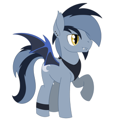 Size: 2124x2186 | Tagged: safe, artist:dyonys, oc, oc:sugar moon, bat pony, pony, bracelet, clothes, ear piercing, high res, jewelry, male, piercing, raised hoof, scarf, show accurate, spread wings, stallion, standing, wings