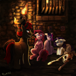 Size: 4000x4000 | Tagged: safe, artist:misstwipietwins, pinkie pie, rarity, twilight sparkle, oc, oc:varan, earth pony, pegasus, pony, unicorn, g4, bone, collar, crying, dead, distressed, dungeon, female, leash, male, mare, red and black oc, scared, skeleton, straight