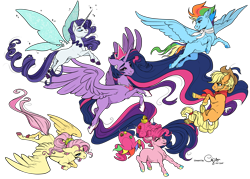 Size: 5905x4220 | Tagged: safe, artist:cigarscigarettes, color edit, colorist:pone-dancer, edit, applejack, fluttershy, pinkie pie, rainbow dash, rarity, twilight sparkle, alicorn, earth pony, pegasus, pony, unicorn, g4, the last problem, absurd resolution, artificial wings, augmented, colored, colored lineart, fairy wings, magic, magic wings, mane six, older, older applejack, older fluttershy, older mane six, older pinkie pie, older rainbow dash, older rarity, older twilight, older twilight sparkle (alicorn), princess twilight 2.0, signature, simple background, transparent background, twilight sparkle (alicorn), wings