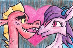 Size: 1190x790 | Tagged: safe, artist:melisareb, garble, prominence, dragon, g4, blushing, boop, bust, cute, dragoness, duo, female, gardorable, heart, male, noseboop, promibetes, ship:garbinence, shipping, spread wings, straight, teenaged dragon, traditional art, wingboner, wings