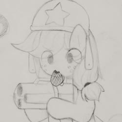 Size: 981x980 | Tagged: safe, artist:luluneusa, applejack, earth pony, pony, g4, eye clipping through hair, female, gun, helmet, mare, monochrome, mouth hold, sketch, solo, traditional art, weapon